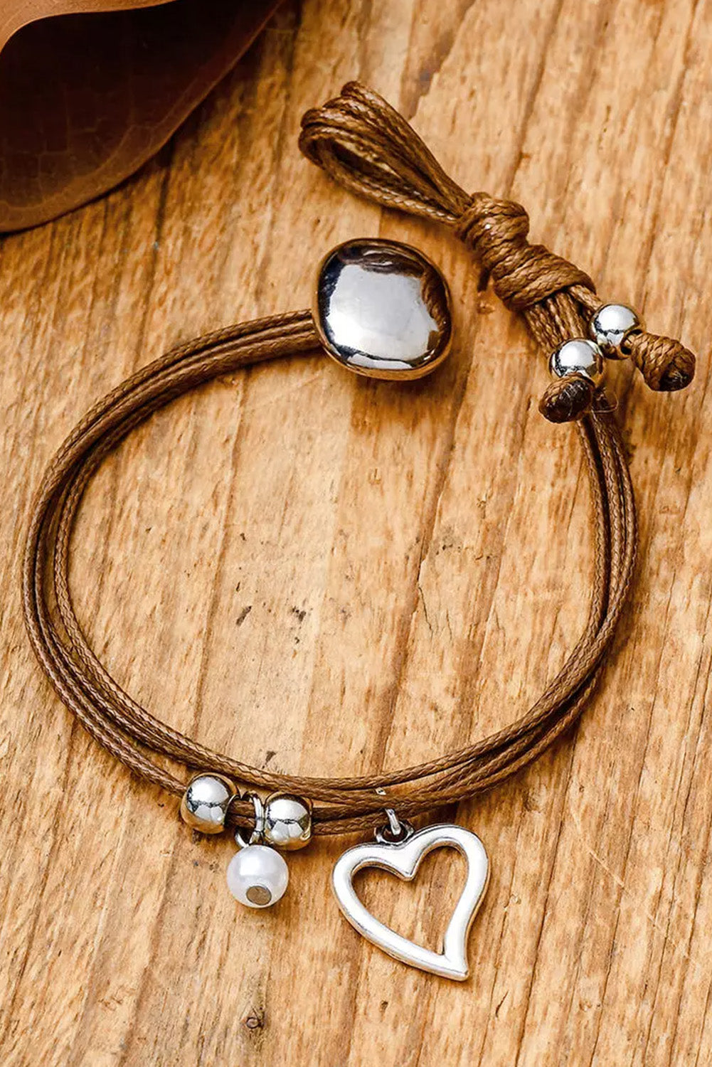 Brown Beading Heart PU Leather Alloy Bracelet