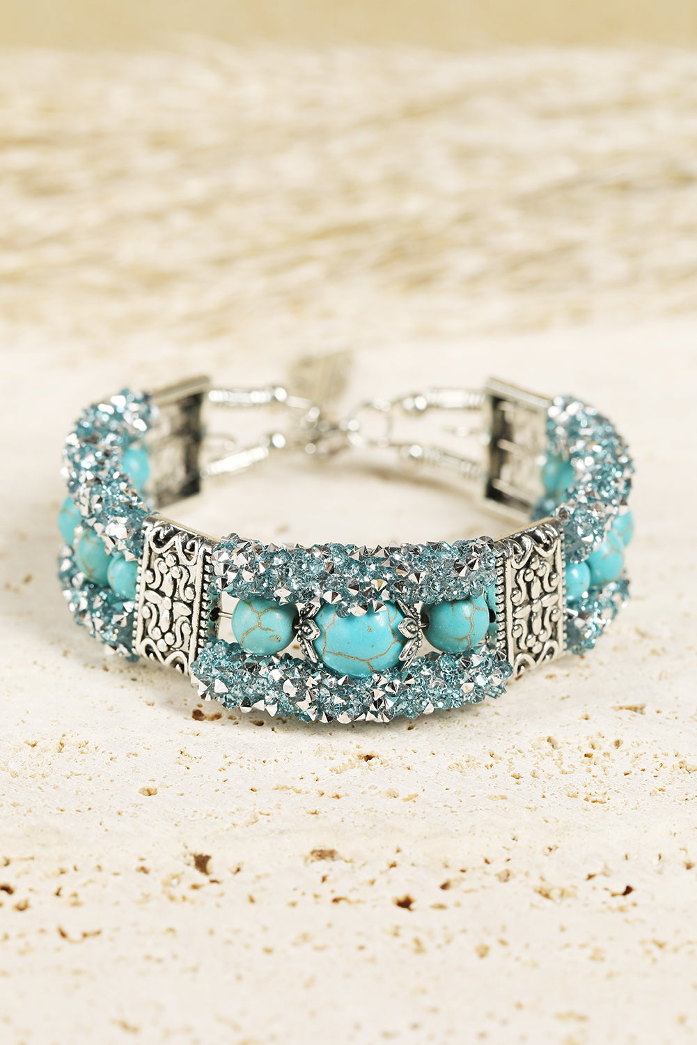 Green Western Turquoise Beads Rhinestone Carved Bracelet