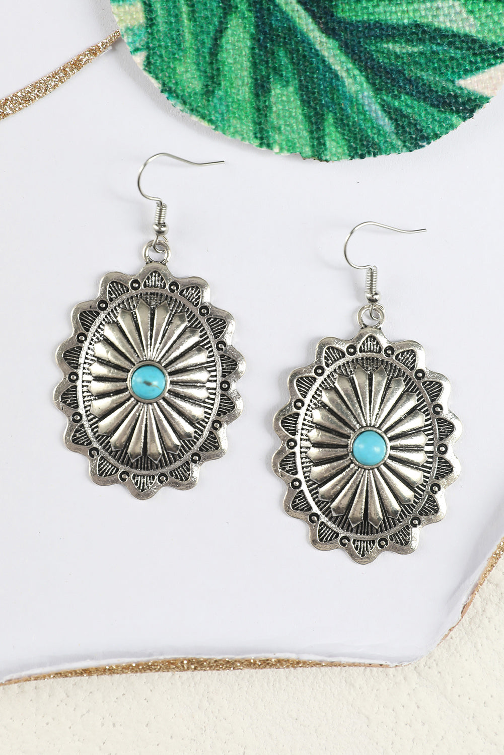 Silver Western Turquoise Round Drop Earrings