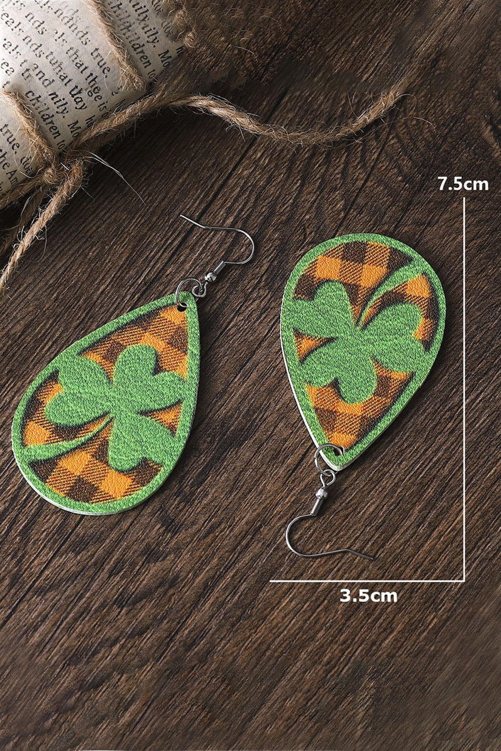 Green St Patrick Clover Emboss Plaid Drop Earrings