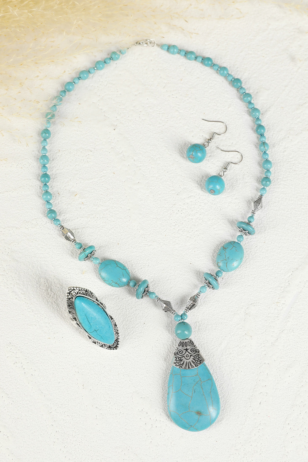 Green Turquoise Beading Necklace Earring and Ring Set