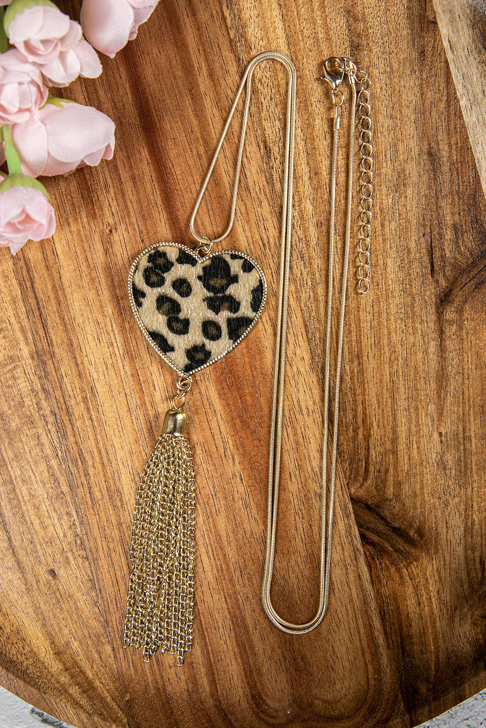 Leopard Printed Love Heart Long Tassel Necklace