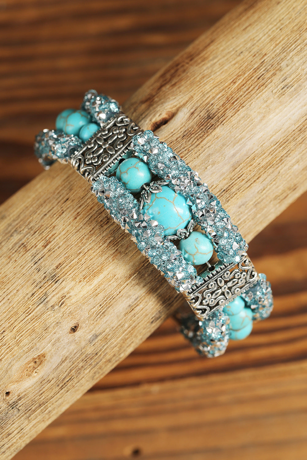 Green Western Turquoise Beads Rhinestone Carved Bracelet