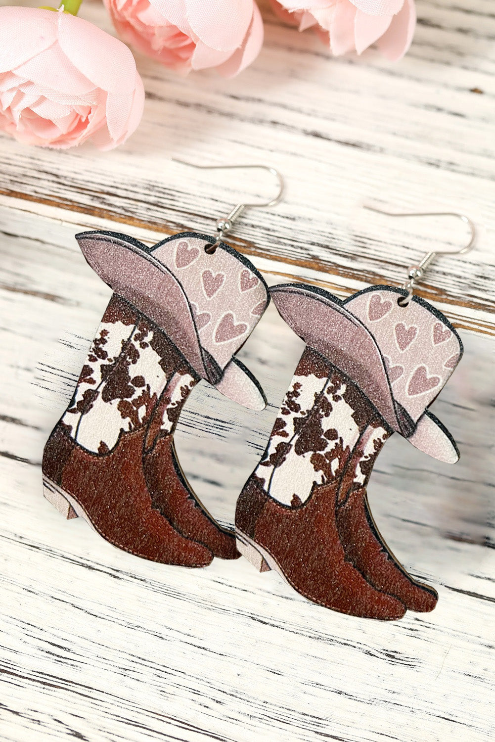 Pink Western Denim Boots Cow Print Dangle Earrings