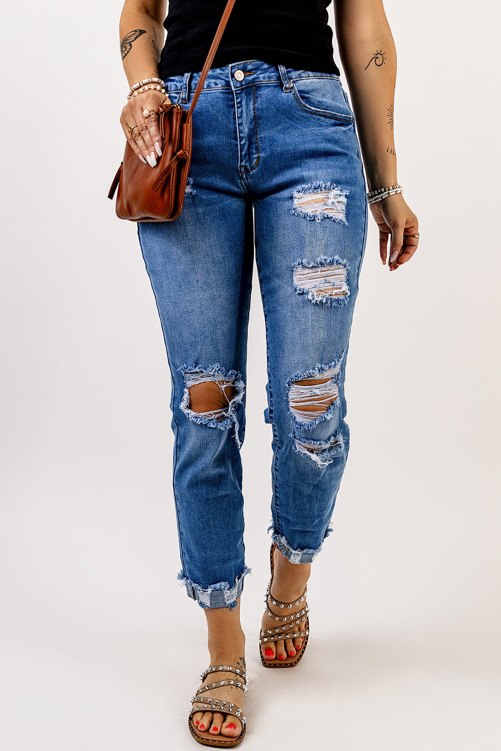 Distressed Straight Leg High Waist Jeans