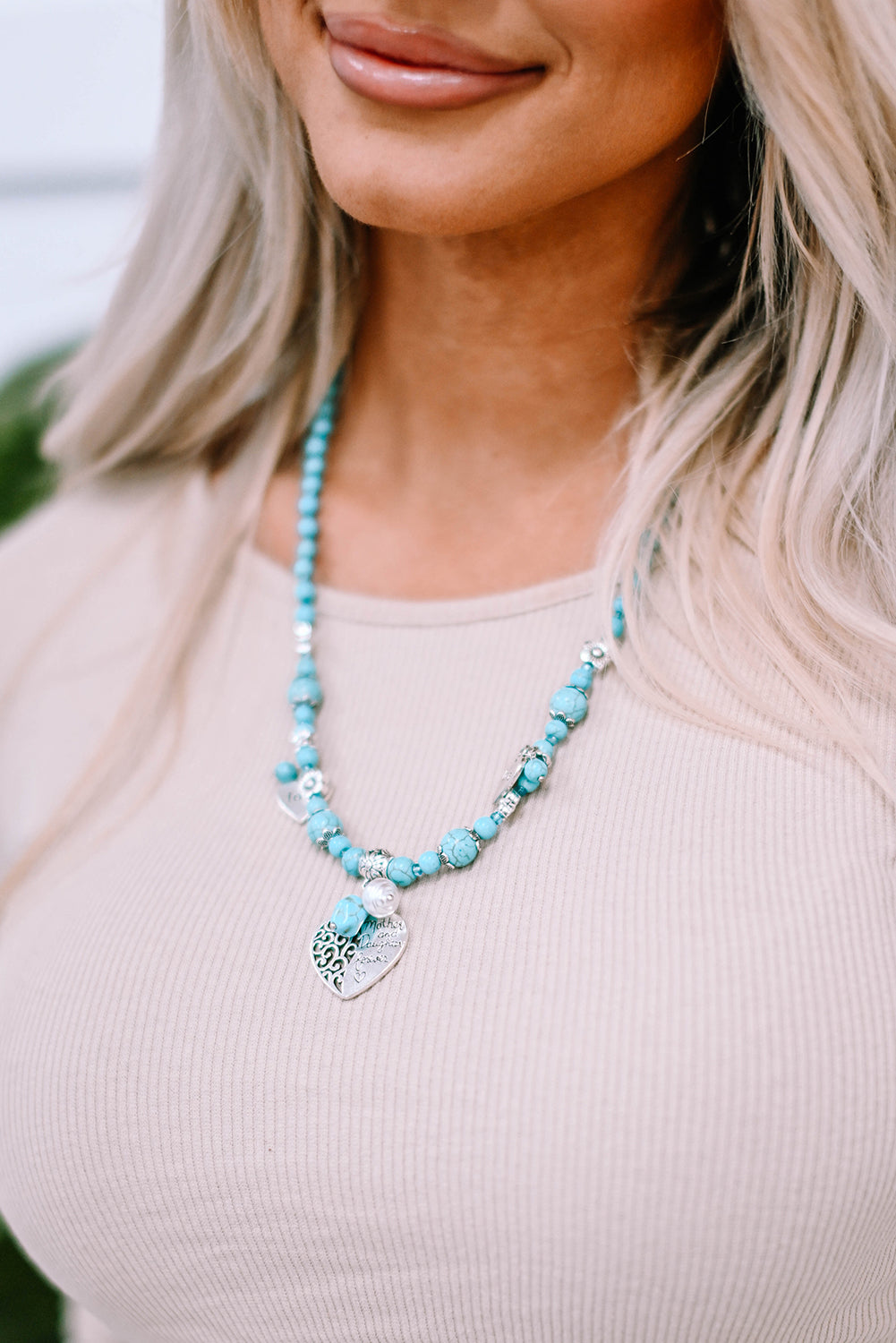 Green Turquoise Love Heart Pendant Beading Necklace