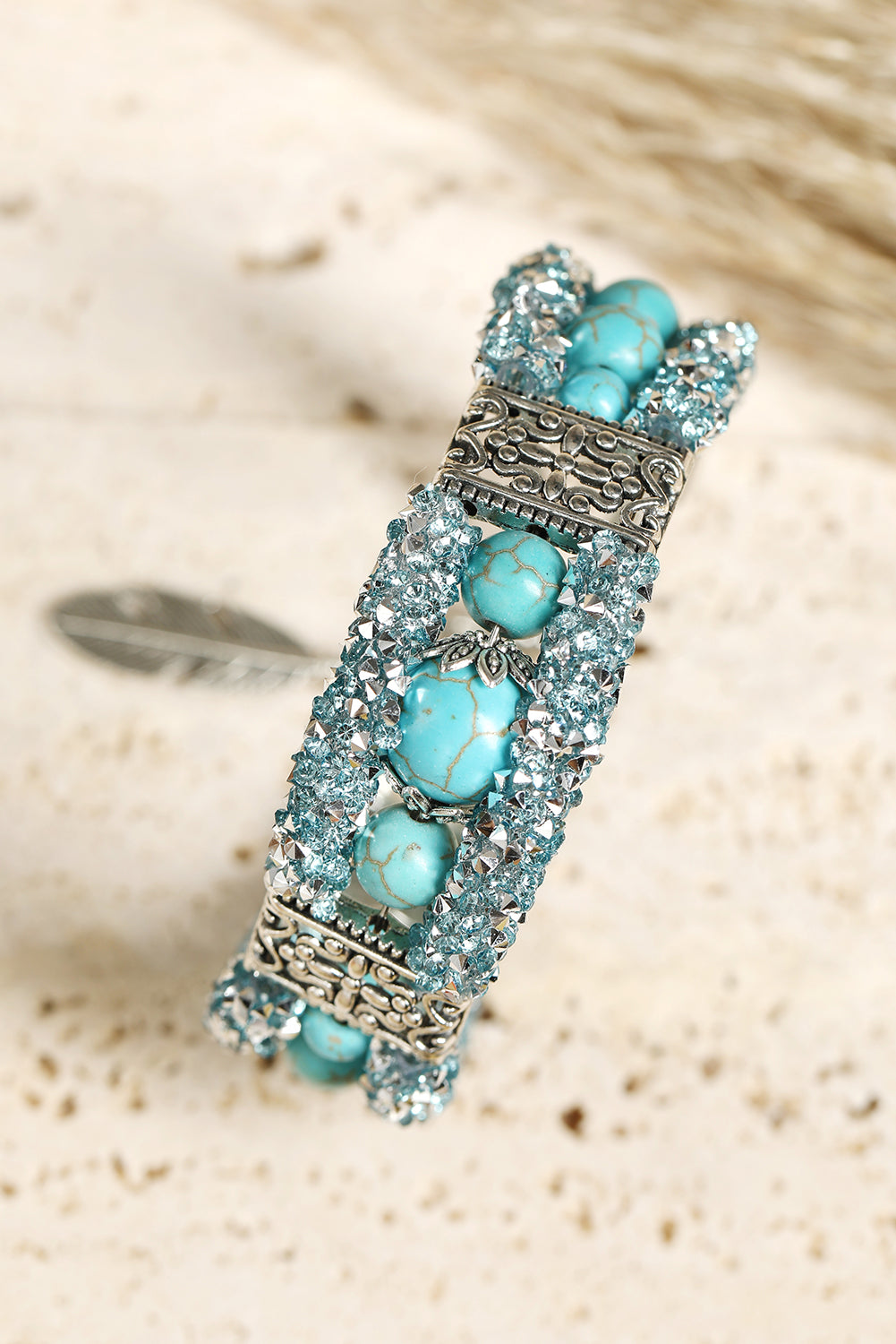 Green Western Turquoise Beads Rhinestone Carved Bracelet