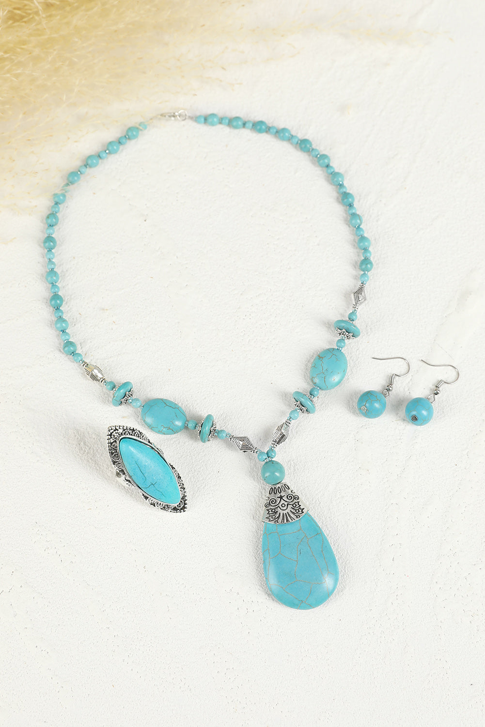 Green Turquoise Beading Necklace Earring and Ring Set