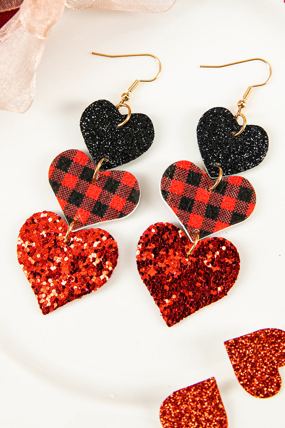 Red Heart Shape Plaid Sequin Dangle Earrings