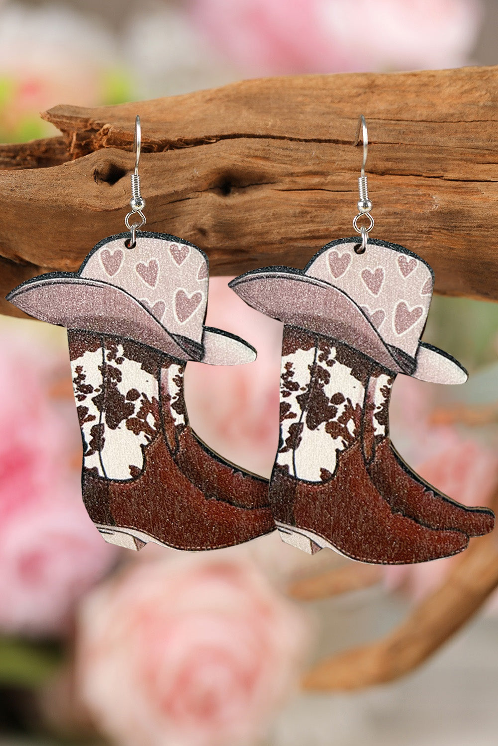 Pink Western Denim Boots Cow Print Dangle Earrings