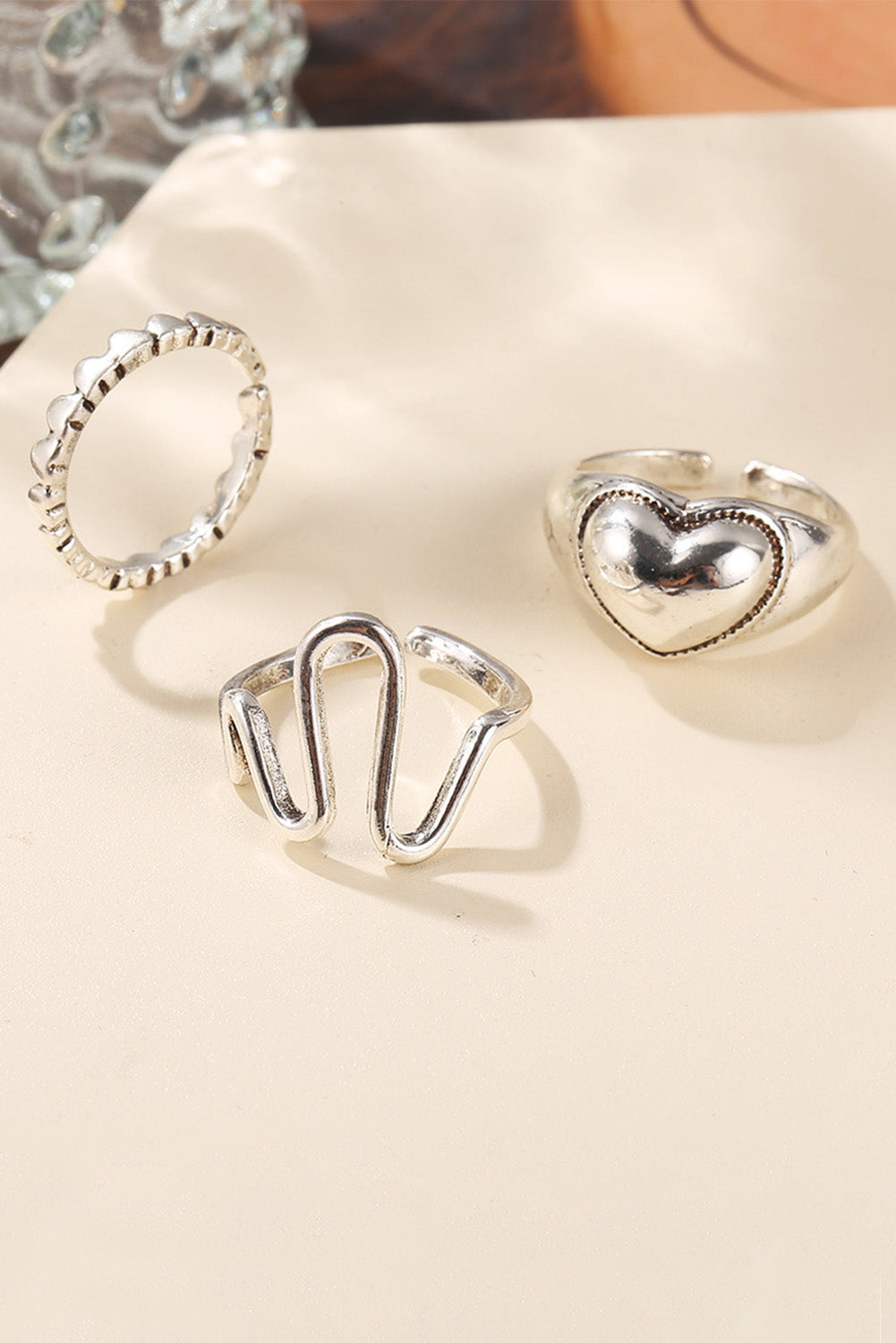 Silver 3 pieces Peach Heart Ring Open Joint Ring Set