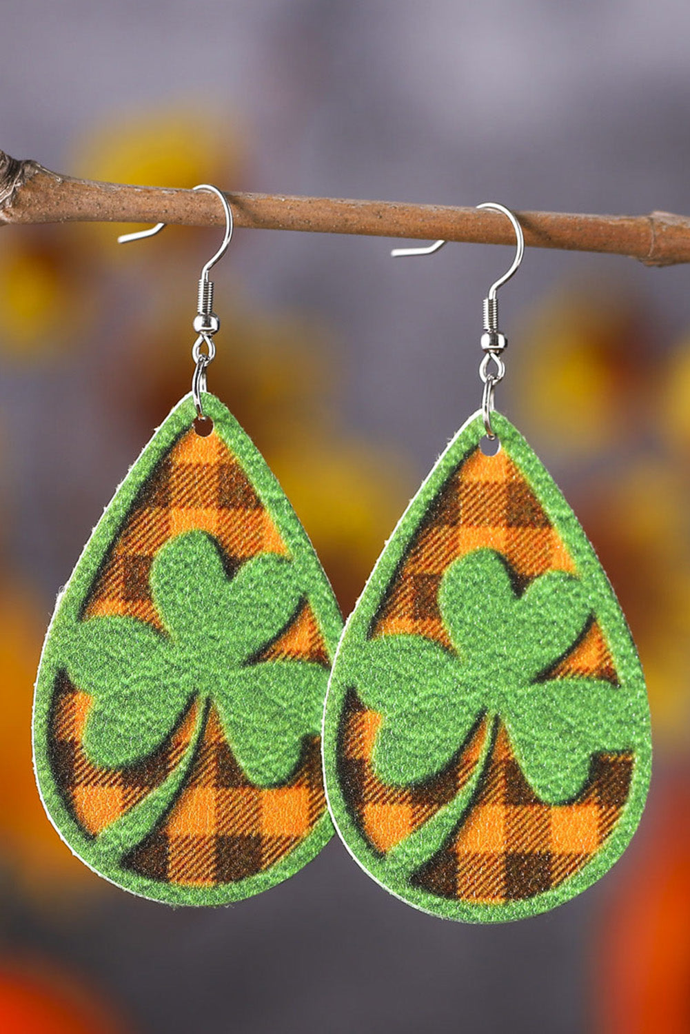 Green St Patrick Clover Emboss Plaid Drop Earrings