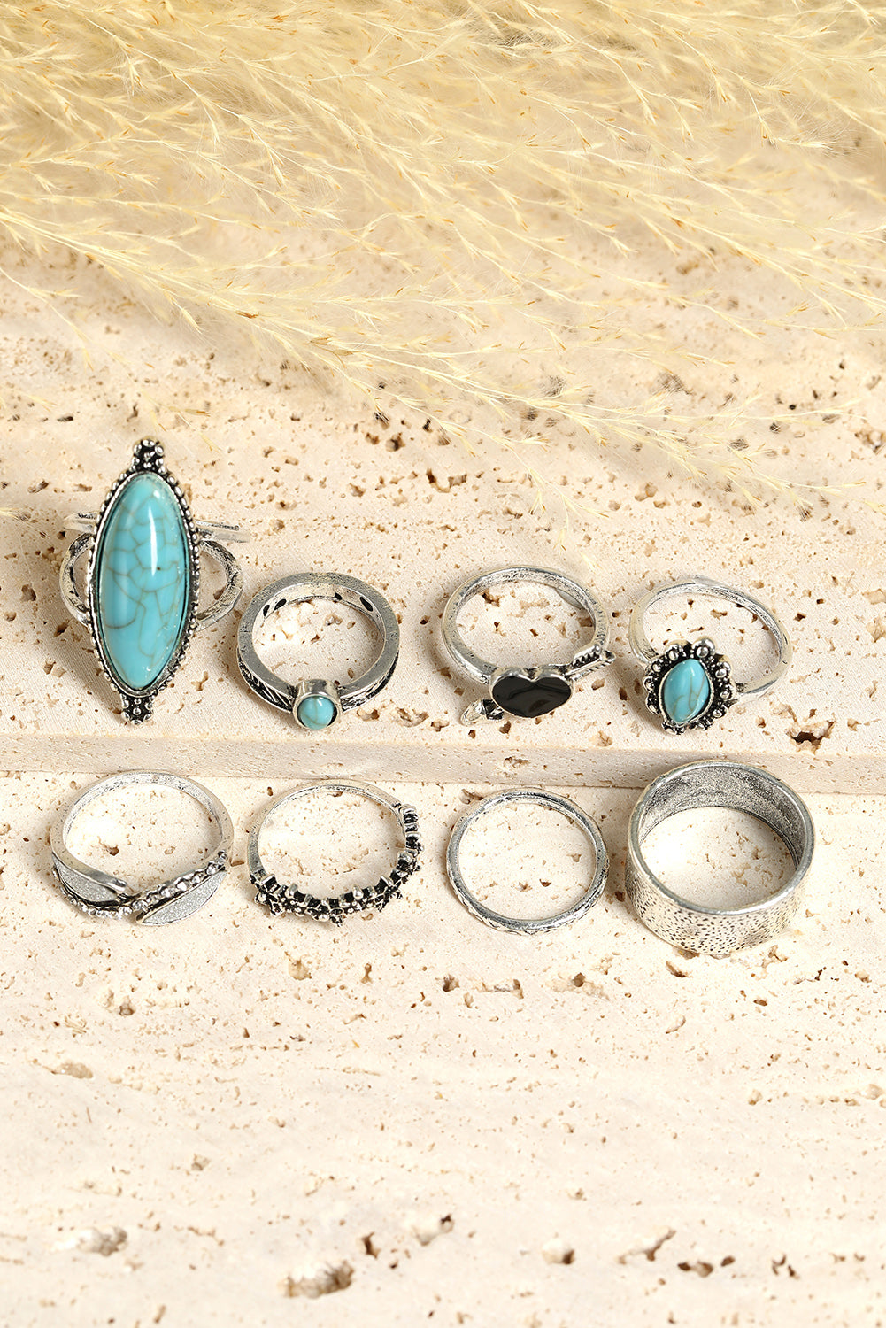 Silver Bohemian Vintage 8pcs Turquoise Rhinestone Ring Sets