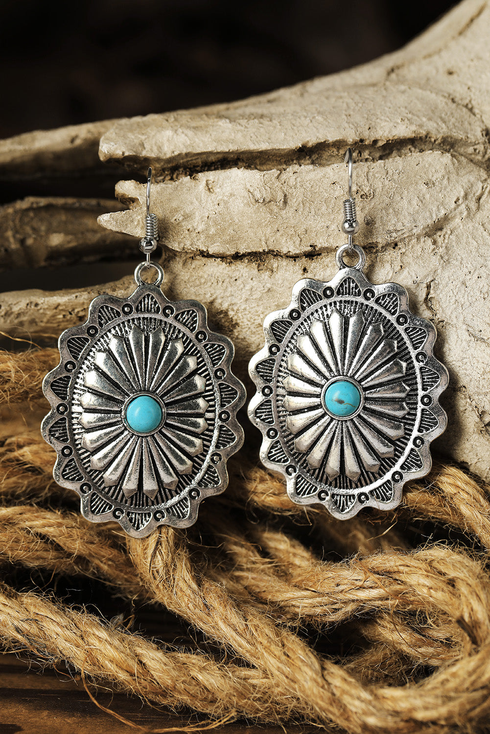 Silver Western Turquoise Round Drop Earrings