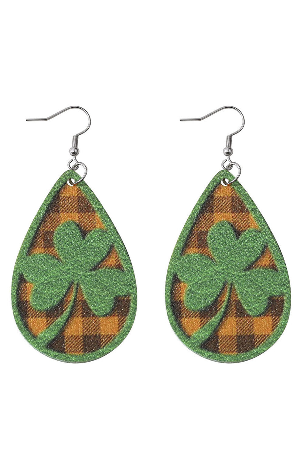 Green St Patrick Clover Emboss Plaid Drop Earrings