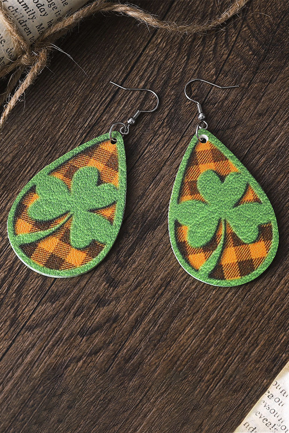 Green St Patrick Clover Emboss Plaid Drop Earrings