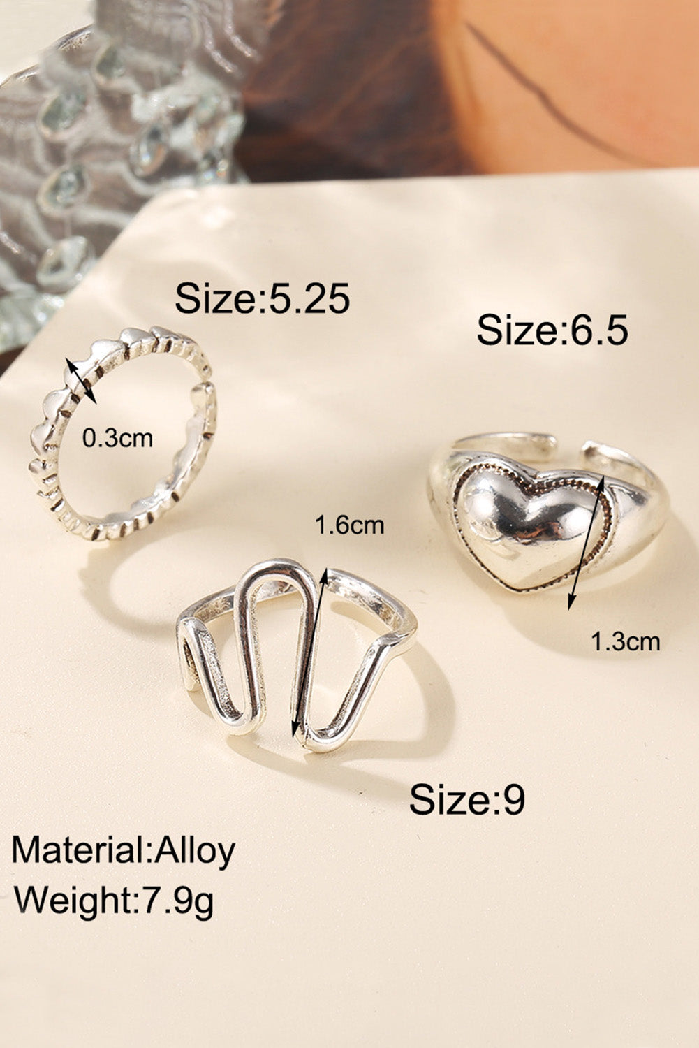 Silver 3 pieces Peach Heart Ring Open Joint Ring Set