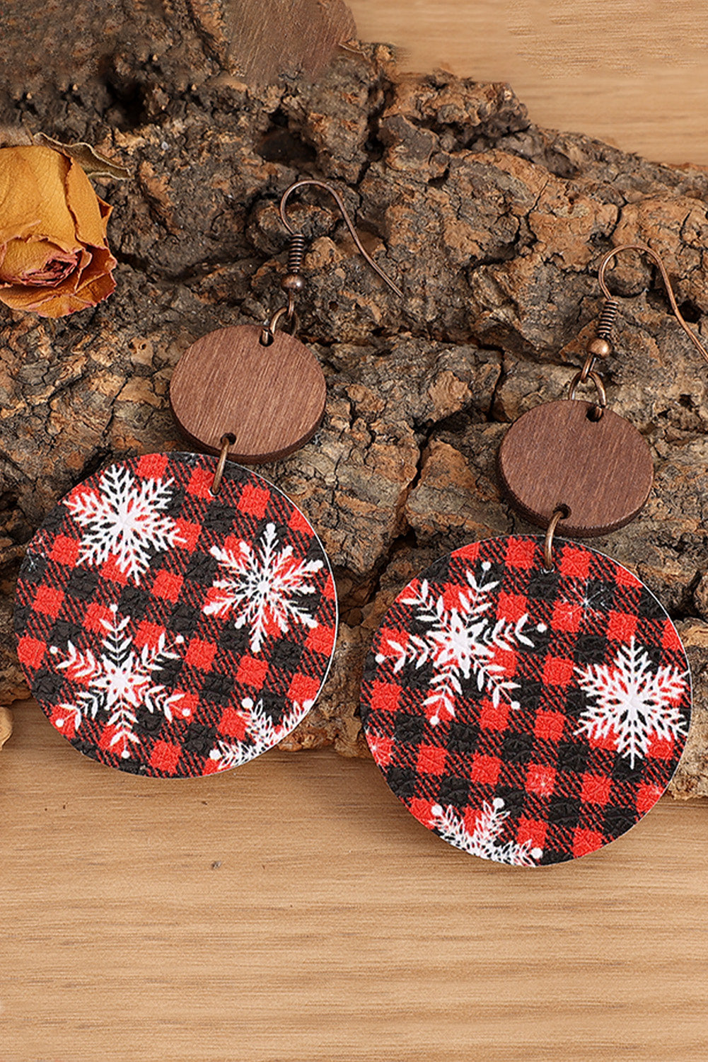 Red Christmas Snowflake Buffalo Plaid Earrings