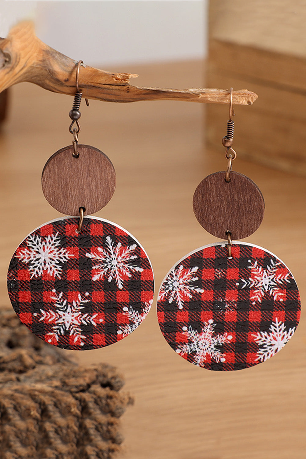 Red Christmas Snowflake Buffalo Plaid Earrings