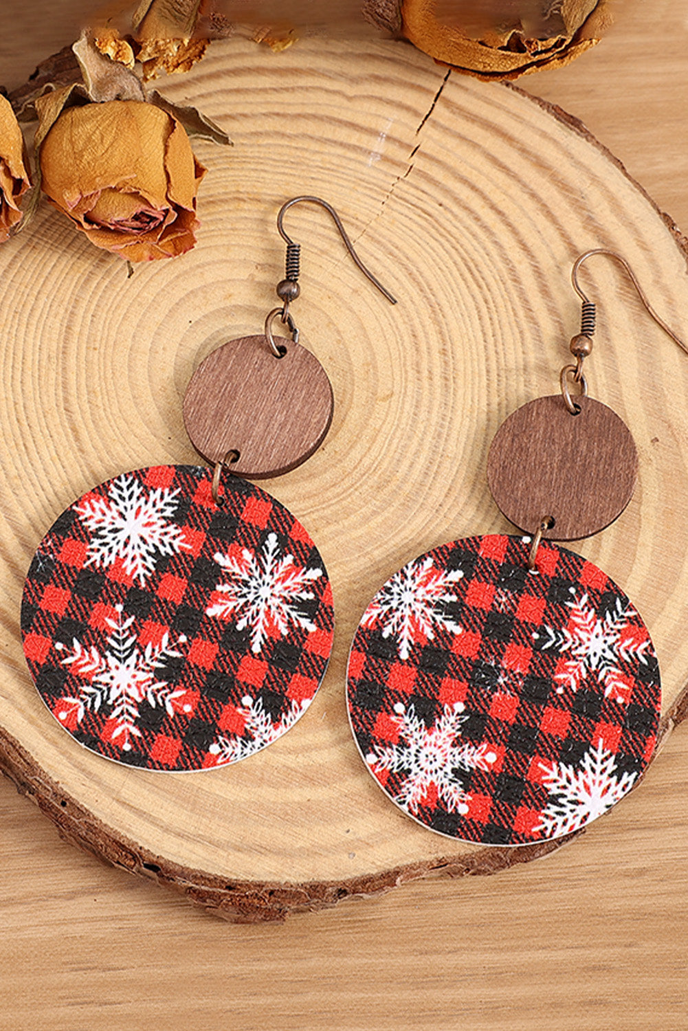 Red Christmas Snowflake Buffalo Plaid Earrings