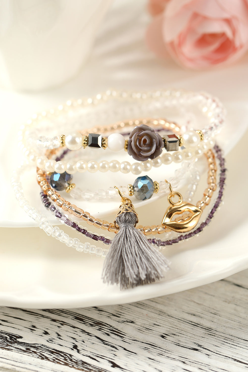 Multicolor Lip Floral Beaded Tassel Pendant Bracelet