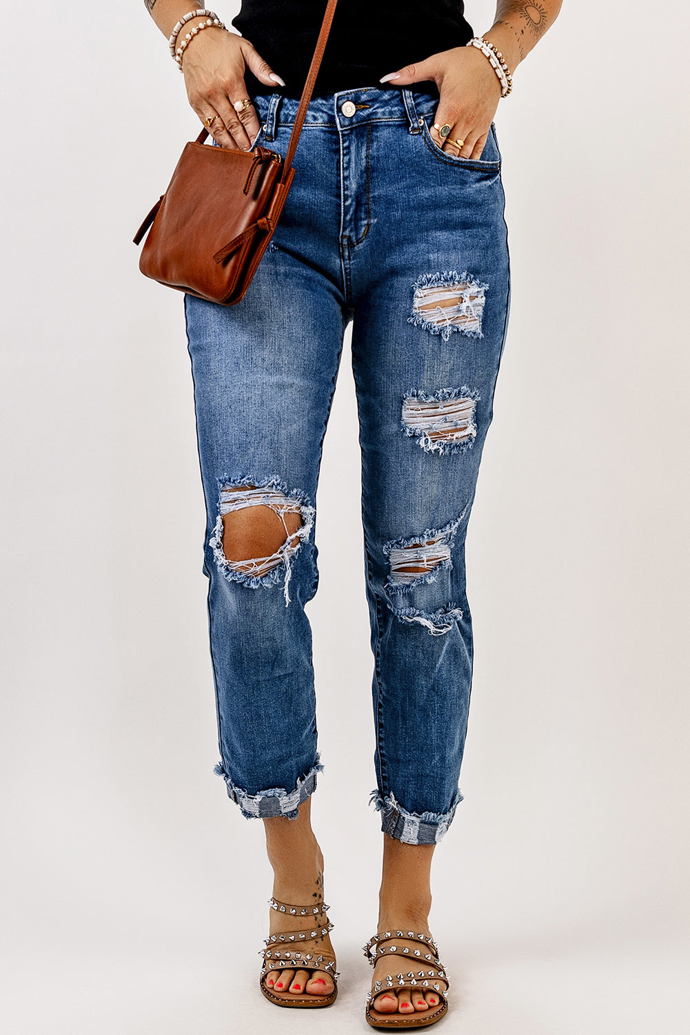 Distressed Straight Leg High Waist Jeans