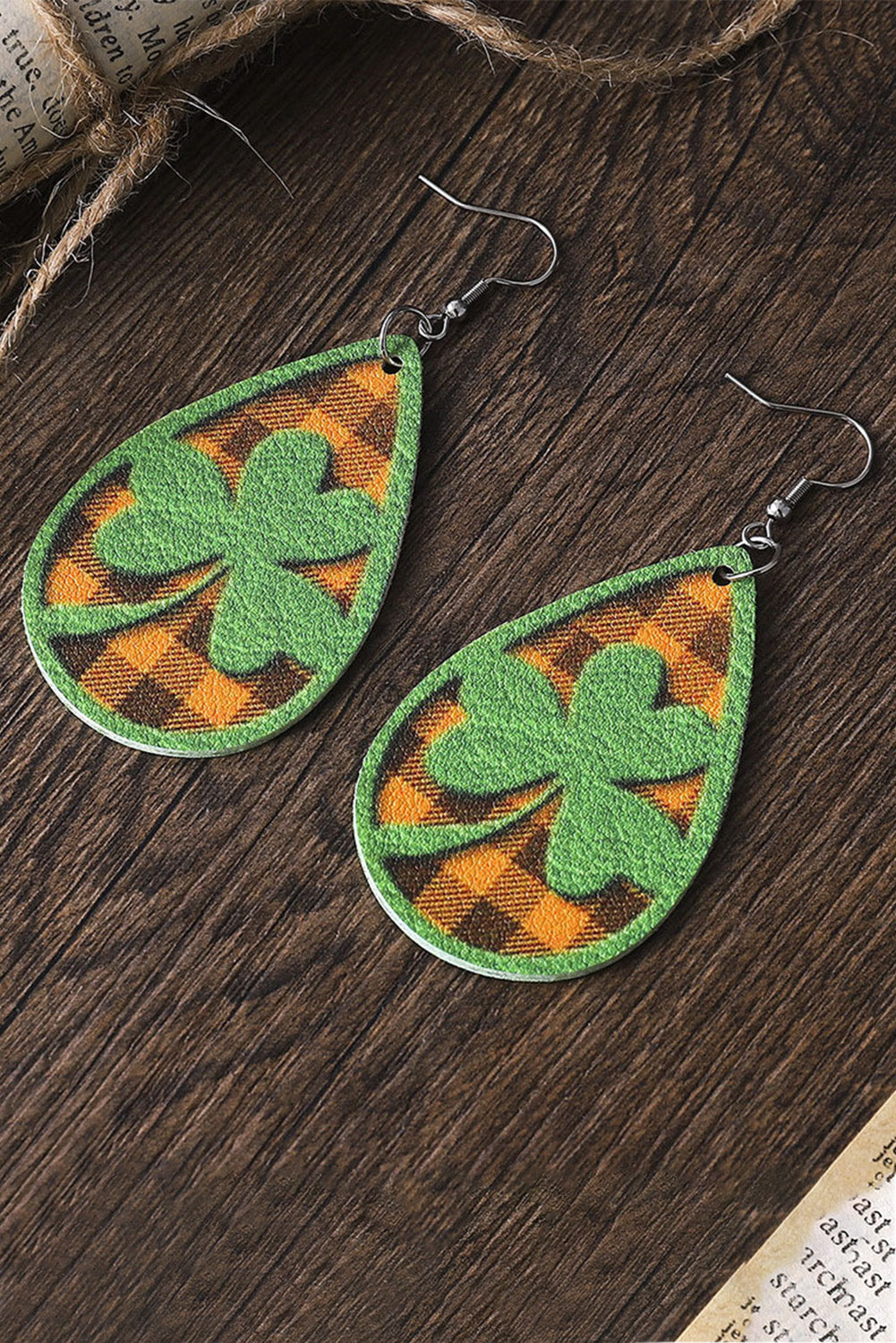 Green St Patrick Clover Emboss Plaid Drop Earrings