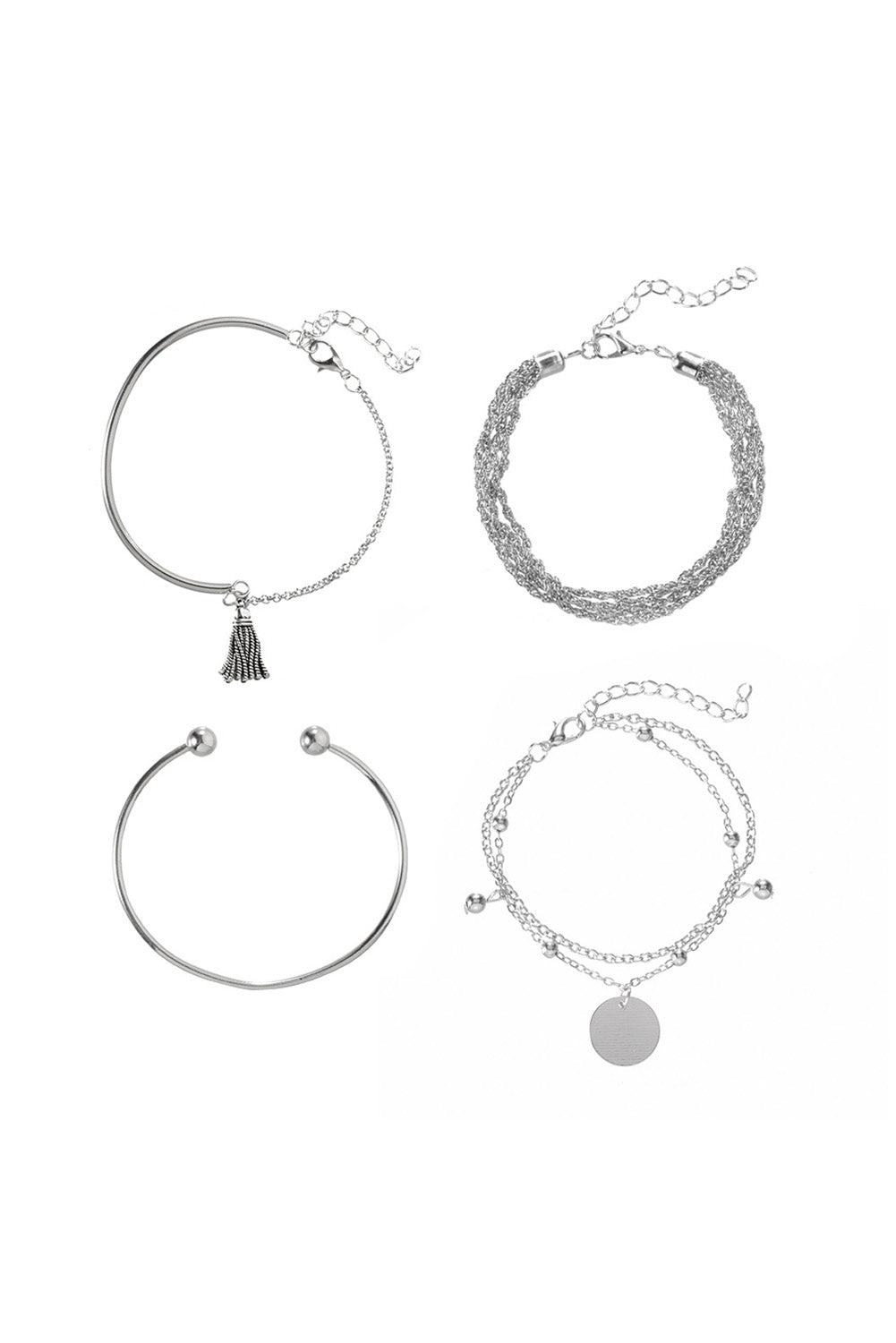 Multilayer Chain Disc Tassel Pendant Silvery Bracelet Set