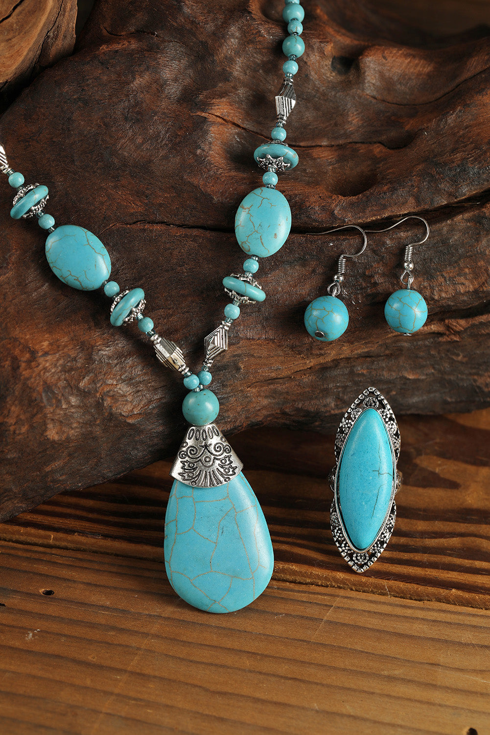 Green Turquoise Beading Necklace Earring and Ring Set