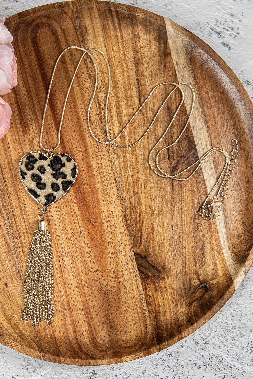 Leopard Printed Love Heart Long Tassel Necklace