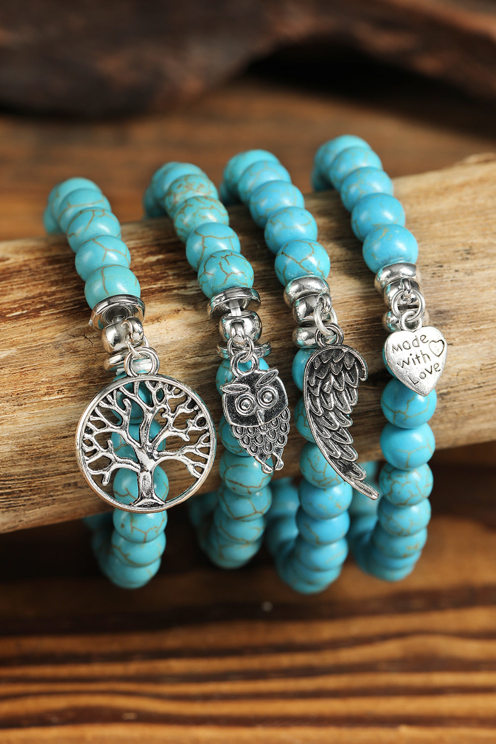 Green Turquoise Beads Owl Charm Bracelet