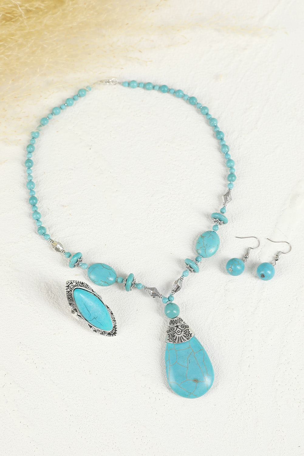 Green Turquoise Beading Necklace Earring and Ring Set