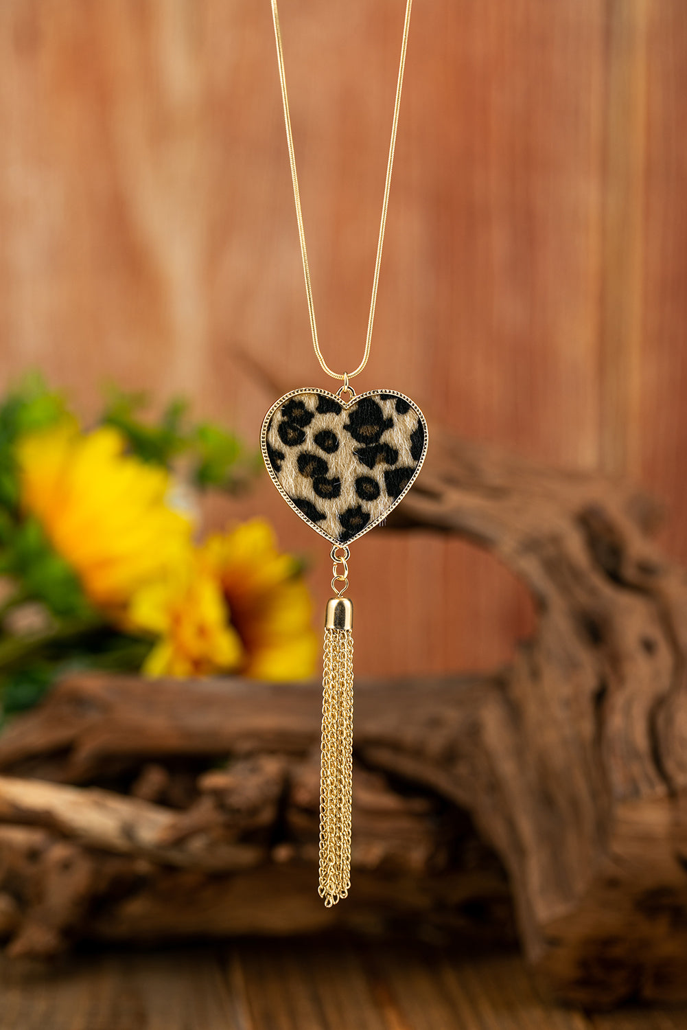 Leopard Printed Love Heart Long Tassel Necklace