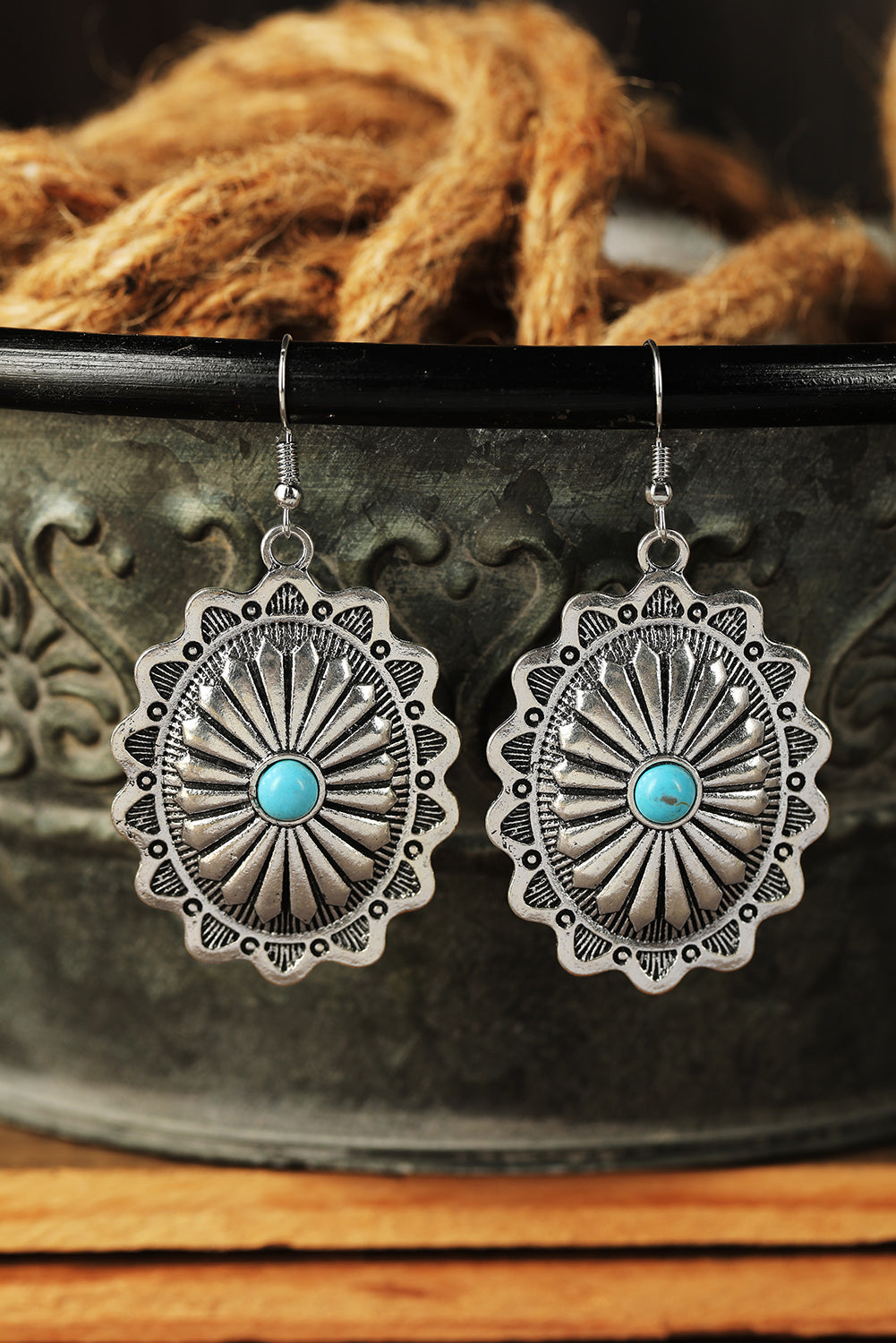 Silver Western Turquoise Round Drop Earrings