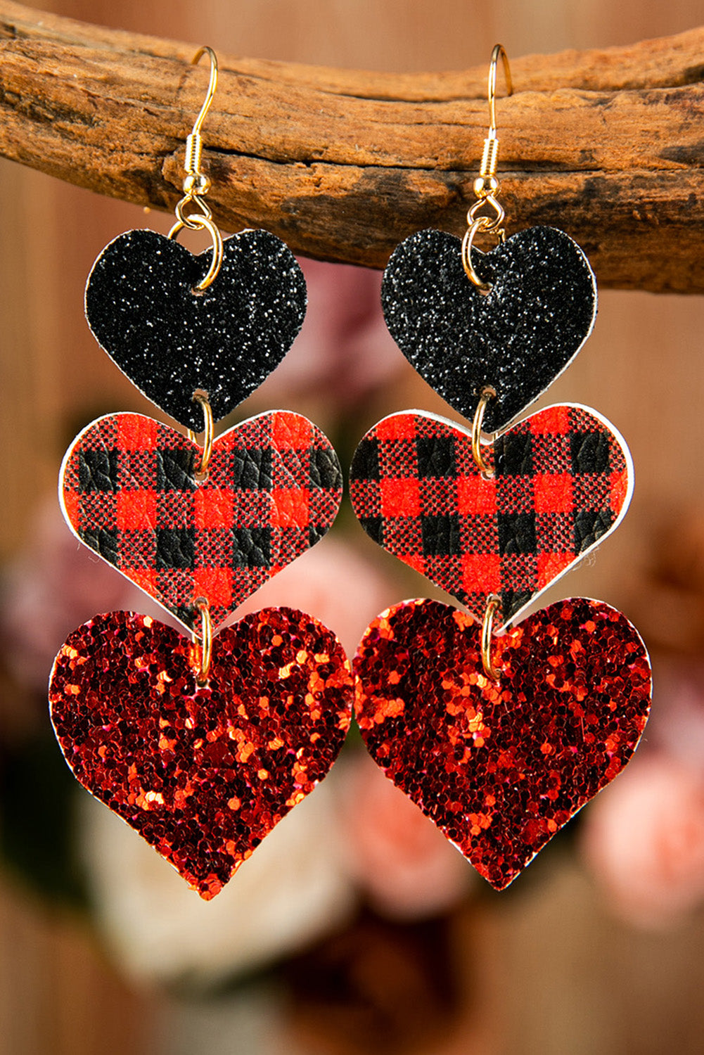 Red Valentine Heart Shape Plaid Sequin Dangle Earrings