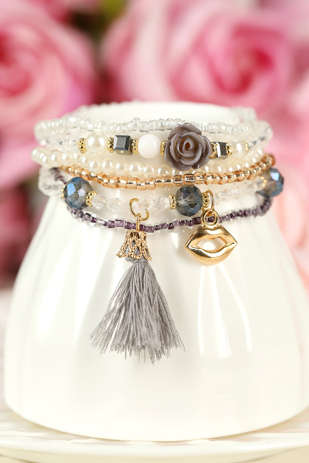 Multicolor Lip Floral Beaded Tassel Pendant Bracelet