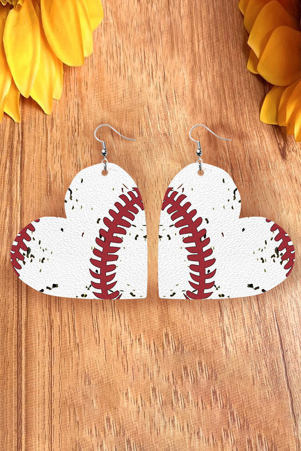 White Baseball Heart Shaped Dangle Earrings