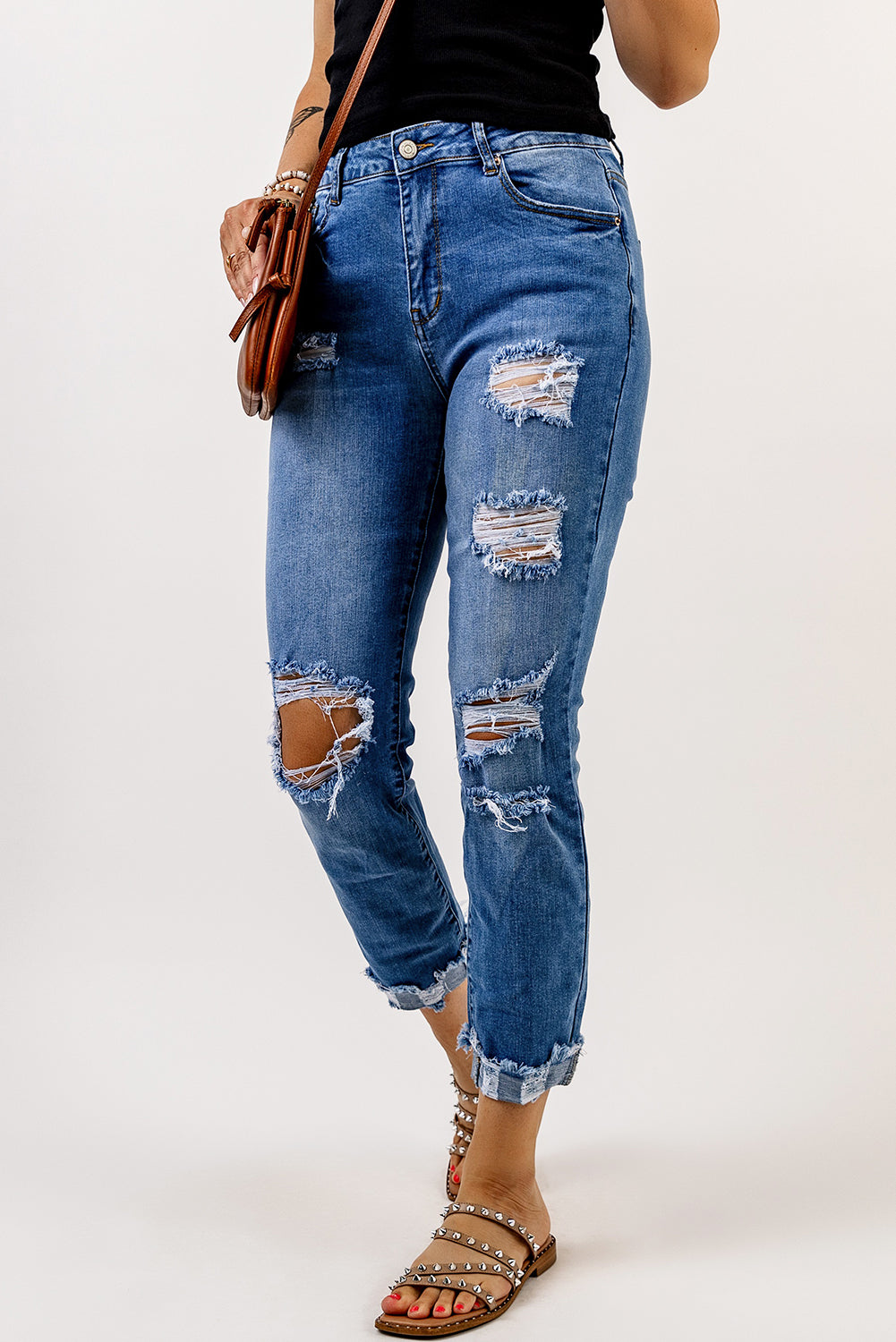 Distressed Straight Leg High Waist Jeans