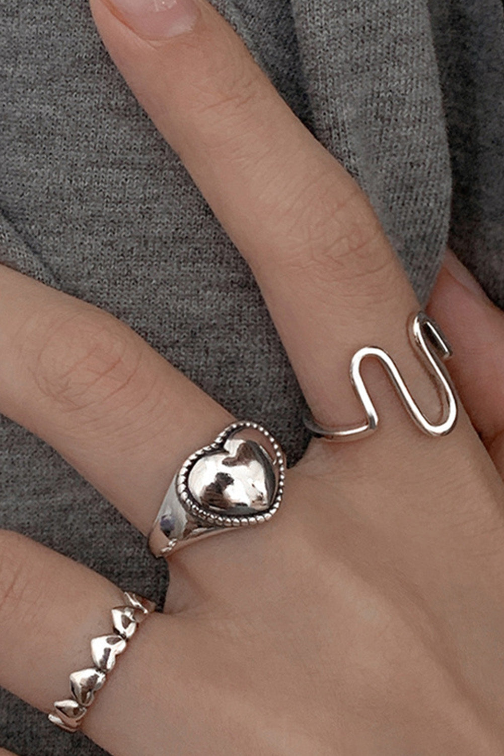 Silver 3 pieces Peach Heart Ring Open Joint Ring Set